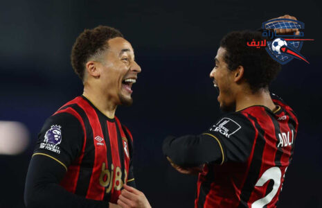 صورة توضح لاعب برايتون يطالب بخطأ ضد لاعب بورنموث خلال المباراة