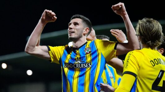 لاعبو ساوثهامبتون يحتفلون بهدف في مرمى ووركسام